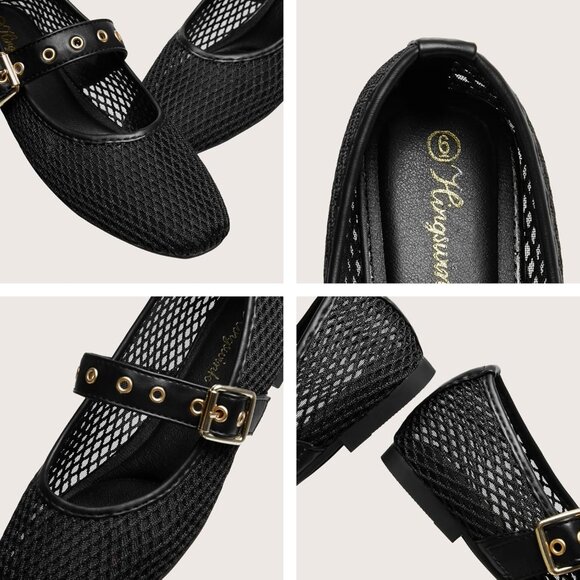 Women Mesh Black Polyurethane (PU) Closed Toe Strap Buckle Ballerina Flats - Picture 2 of 5